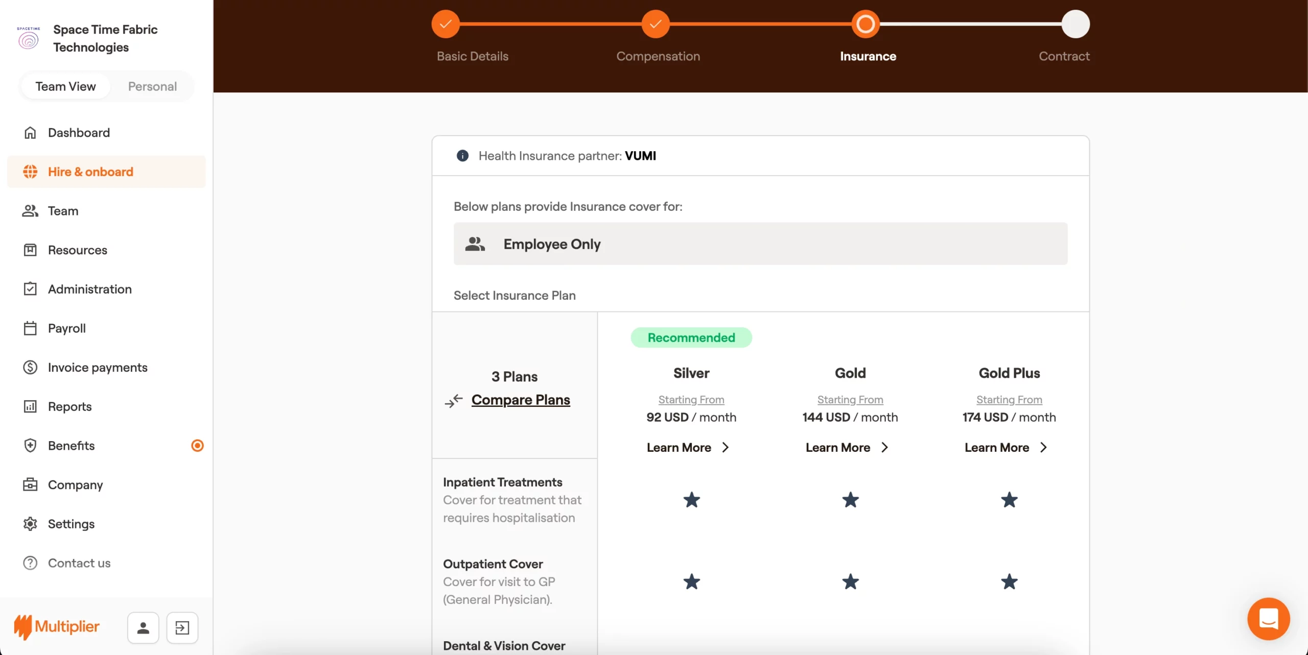 Insurance options available for onboarding a contractor in Brazil. 